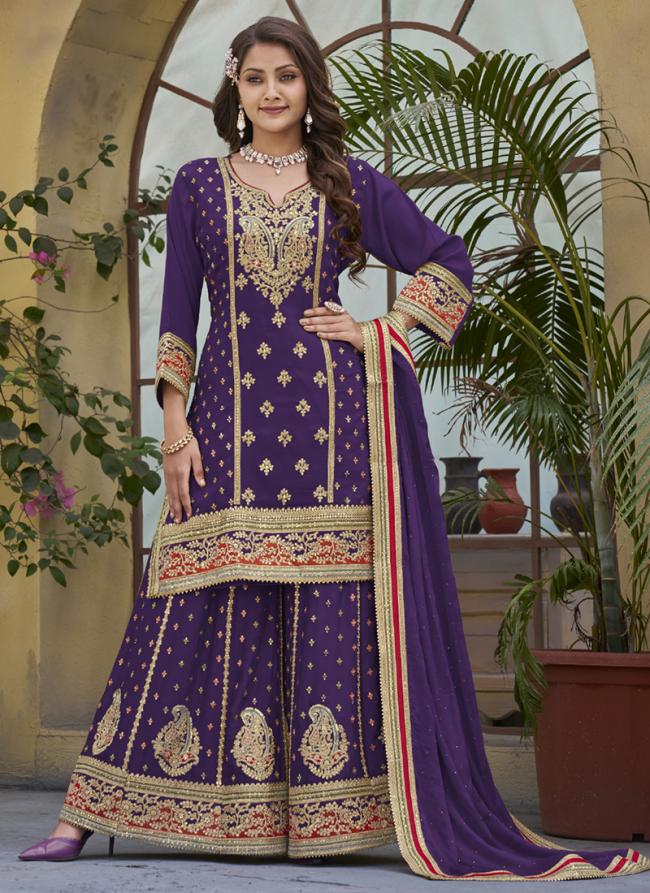 Pure Chinnon Purple Eid Wear Embroidery Work Readymade Sharara Suit